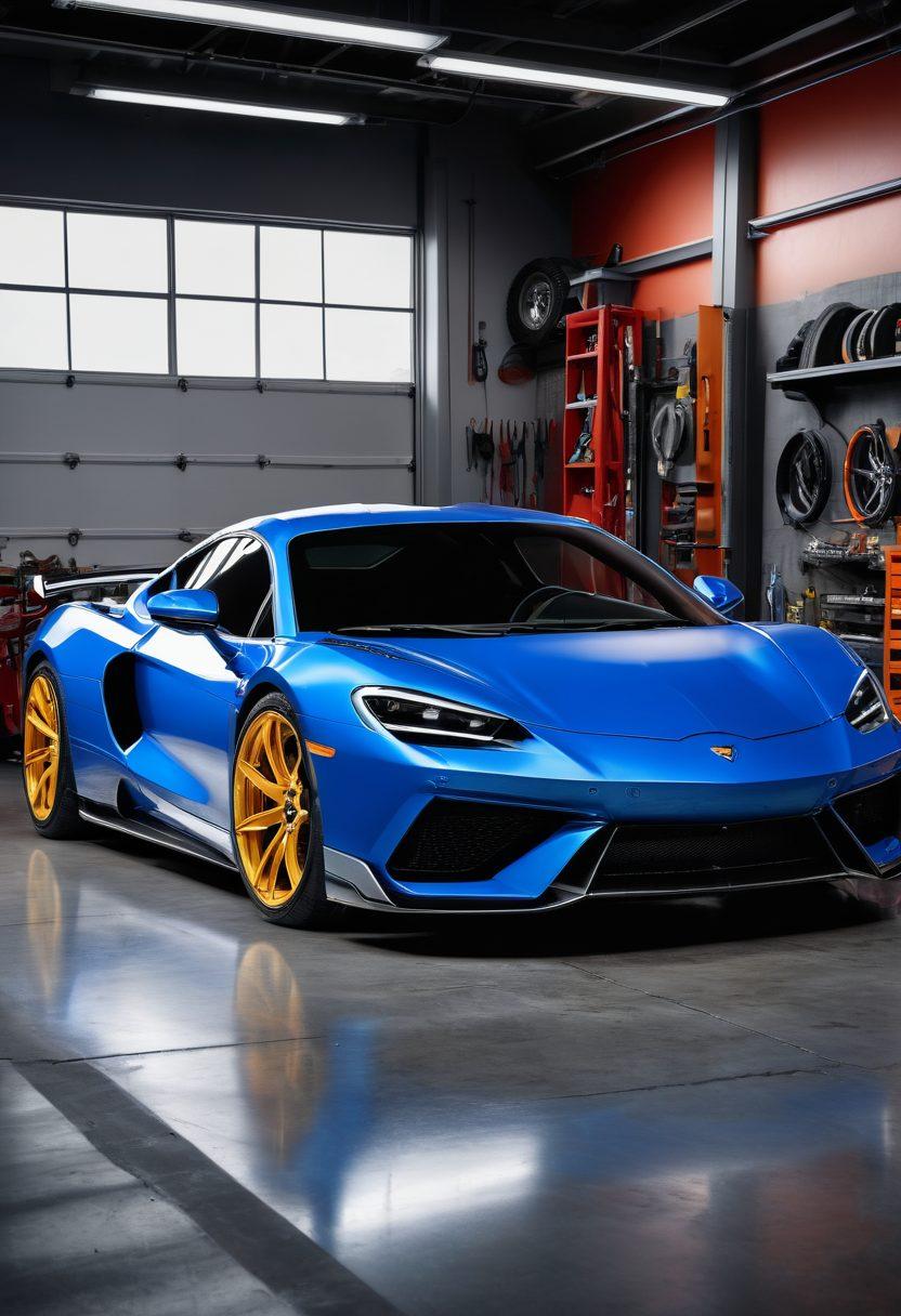 A sleek, customized sports car with vibrant paint and intricate detailing parked in a modern garage, surrounded by tools and performance upgrade parts like turbochargers, exhaust systems, and racing tires. The background showcases a wall filled with blueprints and inspiration photos of car designs. The lighting reflects a dynamic atmosphere of innovation and excitement in the car customization world. super-realistic. vibrant colors. 3D.