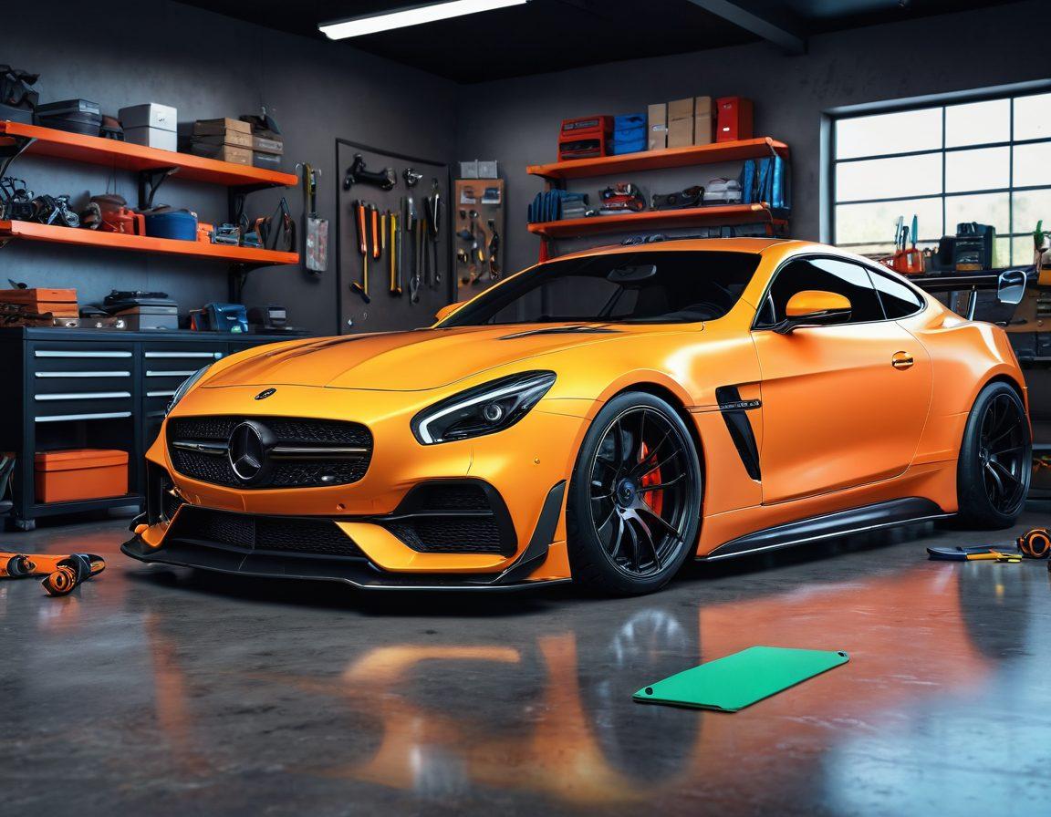 A sleek, transformed car showcasing an impressive body kit, parked in a stylish garage surrounded by colorful tools and customization parts. Incorporate vibrant decals and a high-tech computer screen displaying design sketches in the background. The scene should exude creativity and excitement about vehicle customization. super-realistic. vibrant colors. 3D.